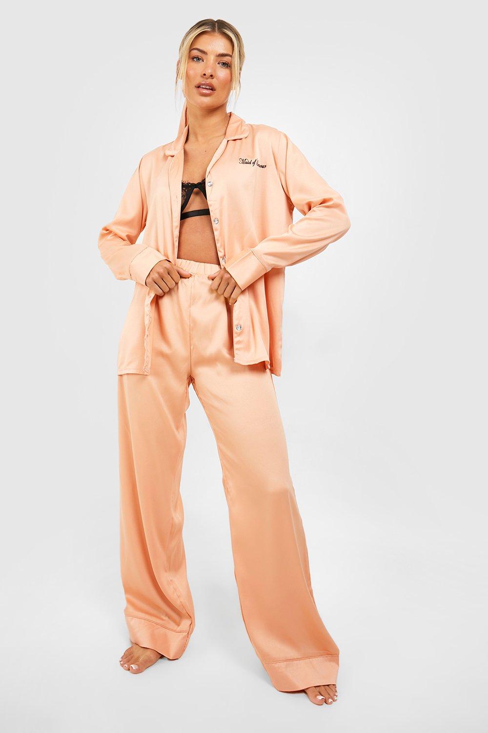 Premium Maid Of Honor Embroidered Satin Pajama Set Bow boohoo CA